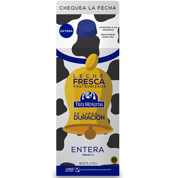 Leche fresca de larga duración Tres Monjitas entera, 59 onzas