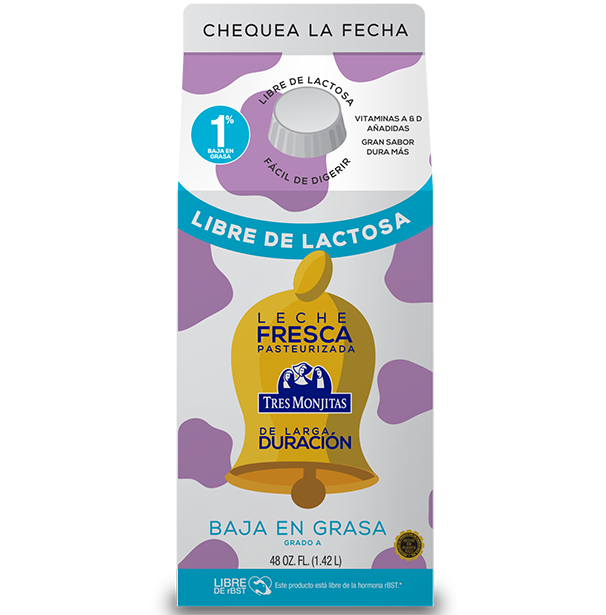 Leche fresca de larga duración Tres Monjitas libre de lactosa, baja en grasa, 48 onzas