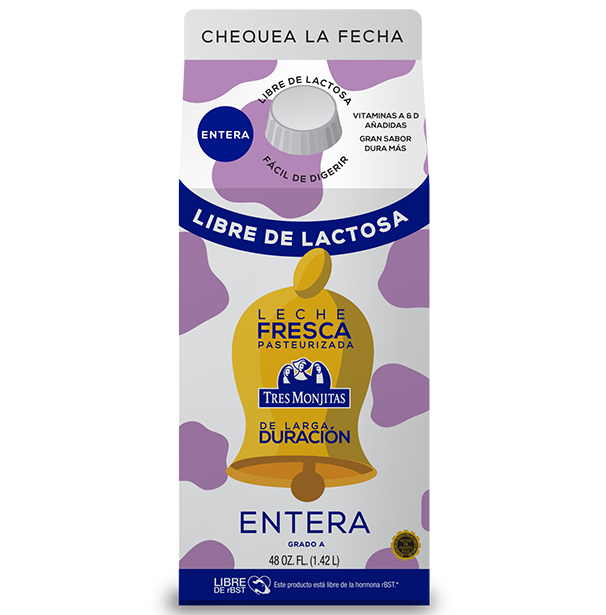 Leche fresca de larga duración Tres Monjitas libre de lactosa, entera, 48 onzas