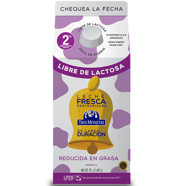 Leche fresca de larga duración Tres Monjitas libre de lactosa, reducida en grasa, 48 onzas