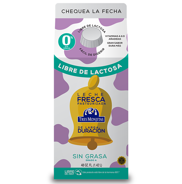 Leche fresca de larga duración Tres Monjitas libre de lactosa, sin grasa, 48 onzas
